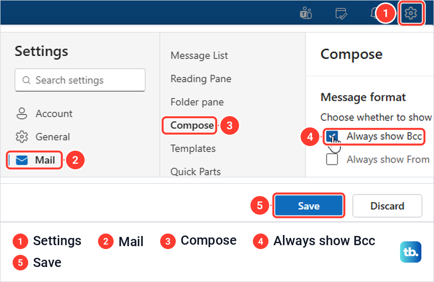 Outlook on the web Settings at Mail, Compose, with Always show Bcc ticked and the Save button.