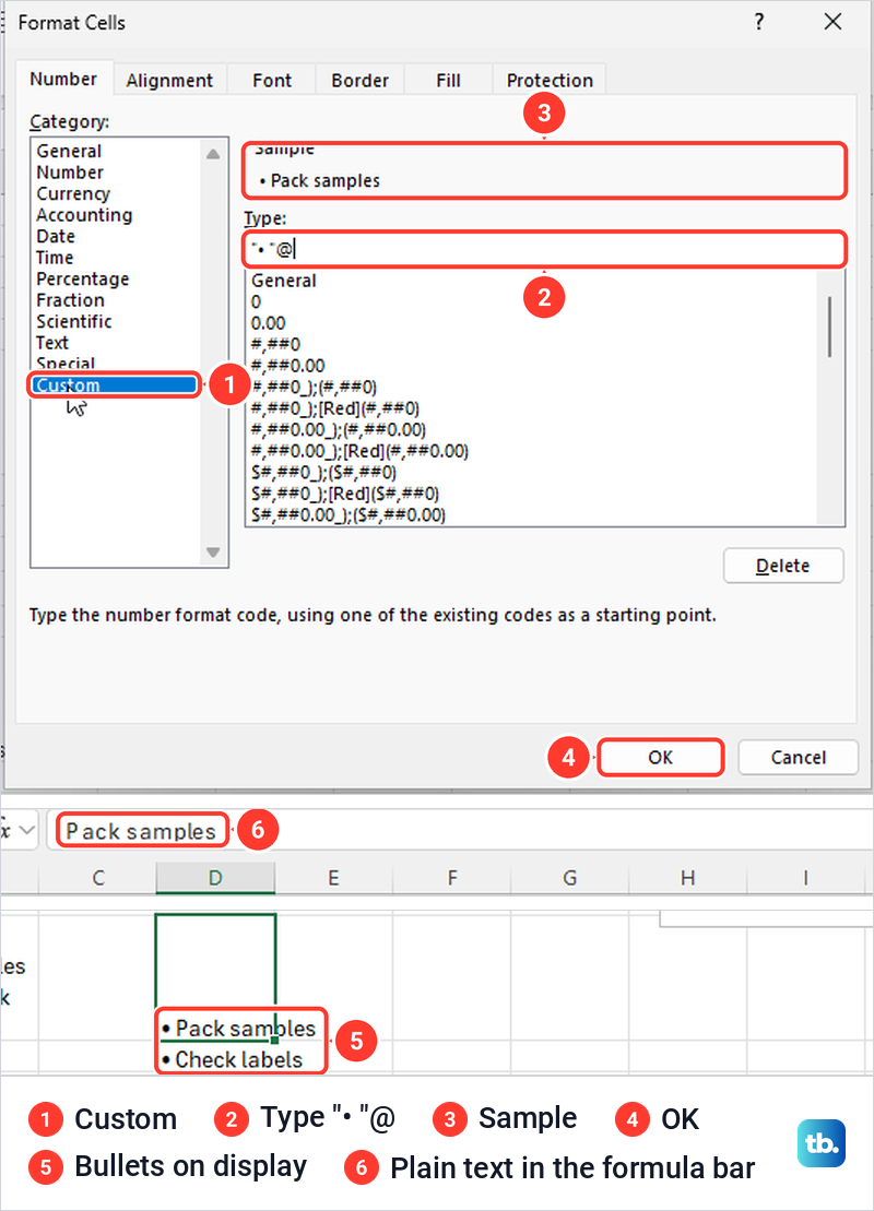 Excel Format Cells dialog with a custom bullet format, and the bulleted cells after OK.