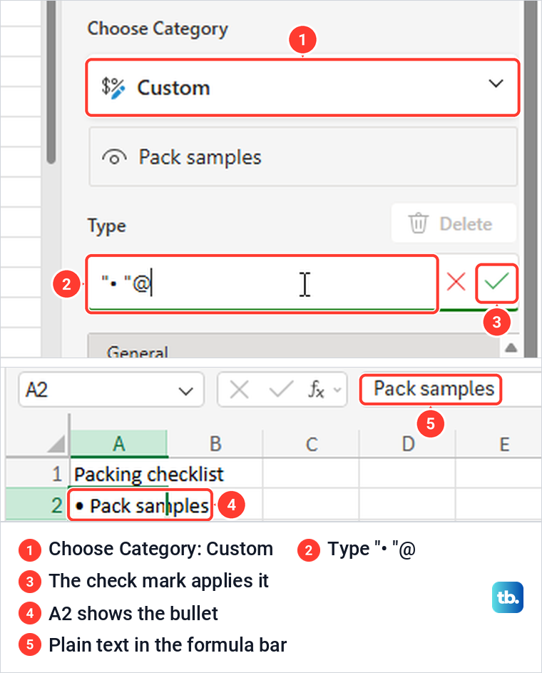 Excel for the web All formatting options pane with a Custom bullet format applied to cell A2.