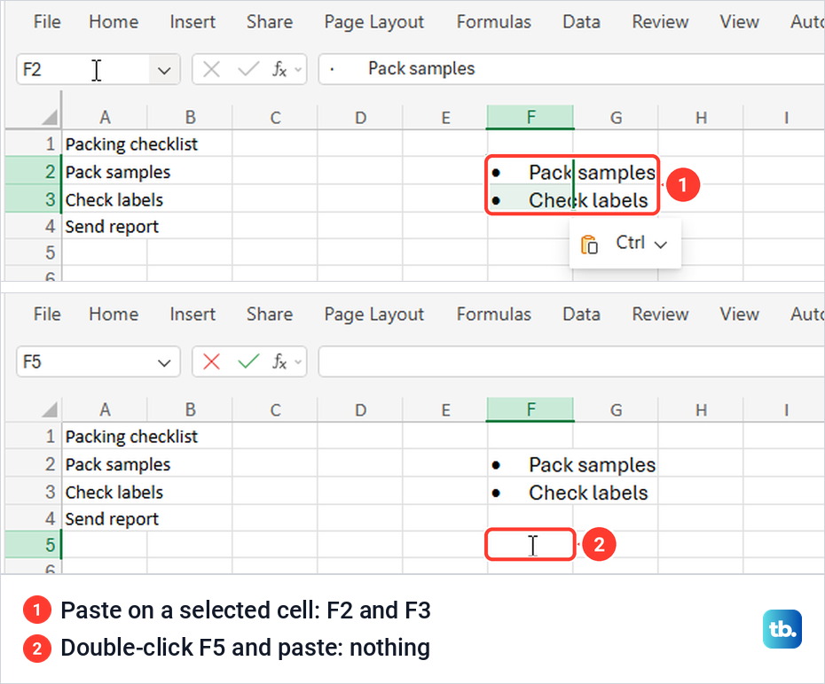 Excel for the web with a Word list pasted into F2 and F3, and an empty F5 after an edit-mode paste.
