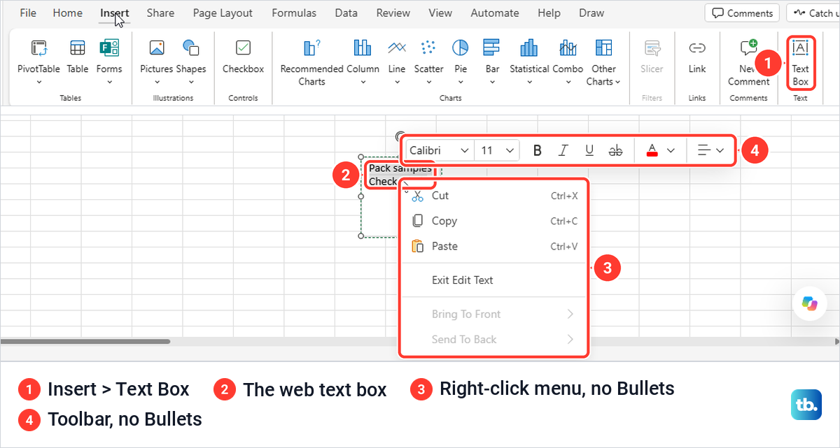 Excel for the web Insert Text Box button and a text box whose right-click menu has no Bullets.