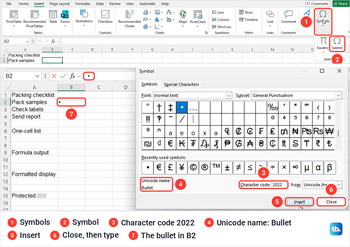 Excel Insert tab Symbols menu and the Symbol dialog with character code 2022 selecting the Bullet.