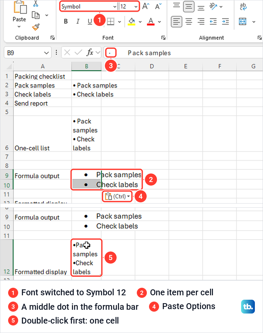 Excel sheet with a Word bulleted list pasted into two cells and then into one cell.