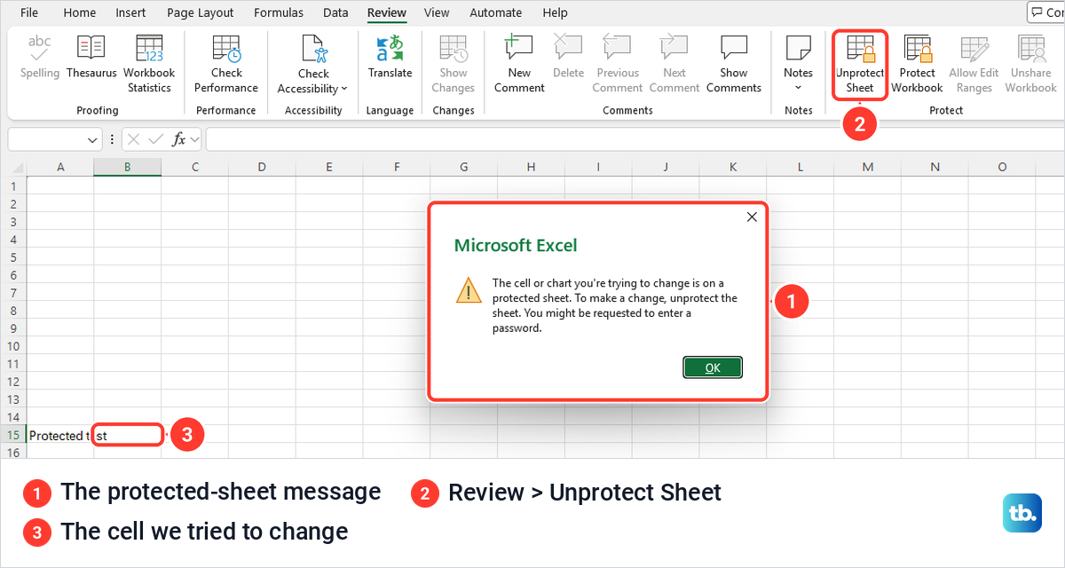 Excel protected-sheet warning message over the grid, with Unprotect Sheet on the Review tab.