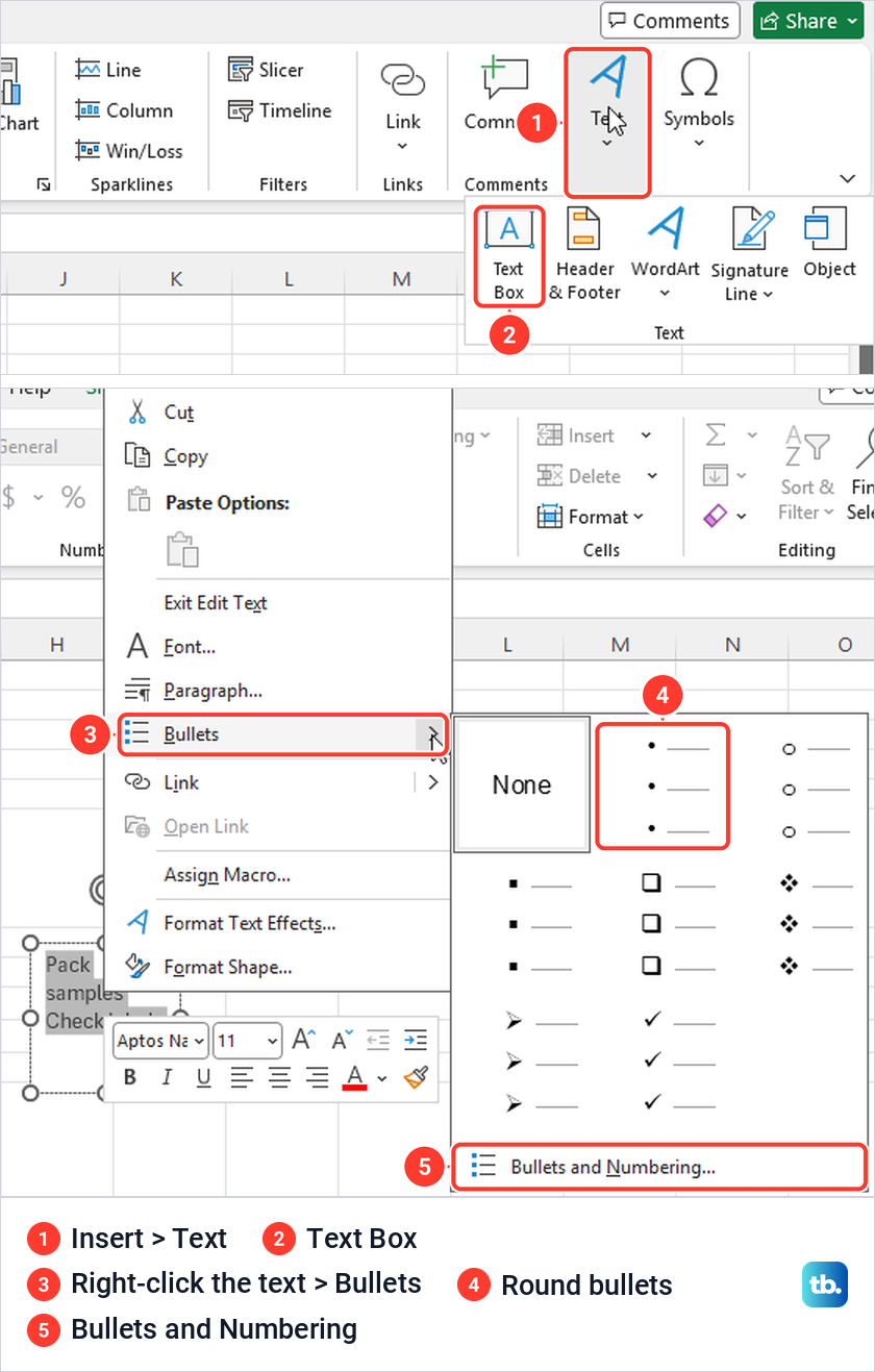 Excel Insert Text menu with Text Box, and the Bullets gallery on a text box right-click menu.