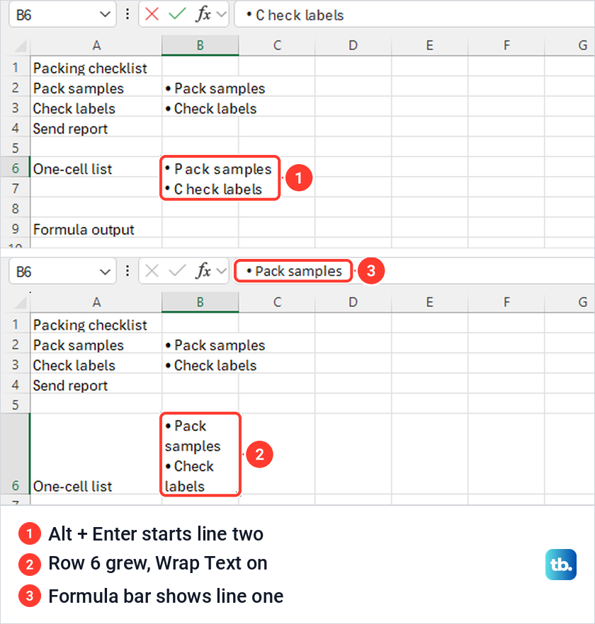 Excel cell B6 holding two bulleted lines, shown while typing and after pressing Enter.