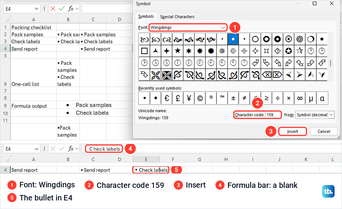 Excel Symbol dialog with the Wingdings font and code 159, and the inserted bullet in cell E4.