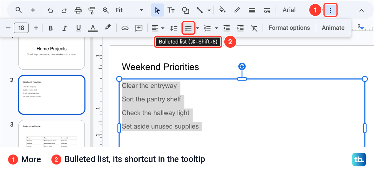 The extra Google Slides toolbar row opened from More, with the Bulleted list button and its shortcut tooltip.