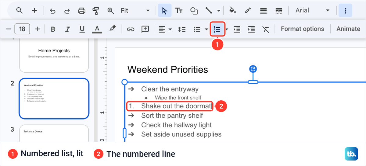 A Google Slides list where one line reads 1. Shake out the doormat between arrow bullets, with Numbered list lit.