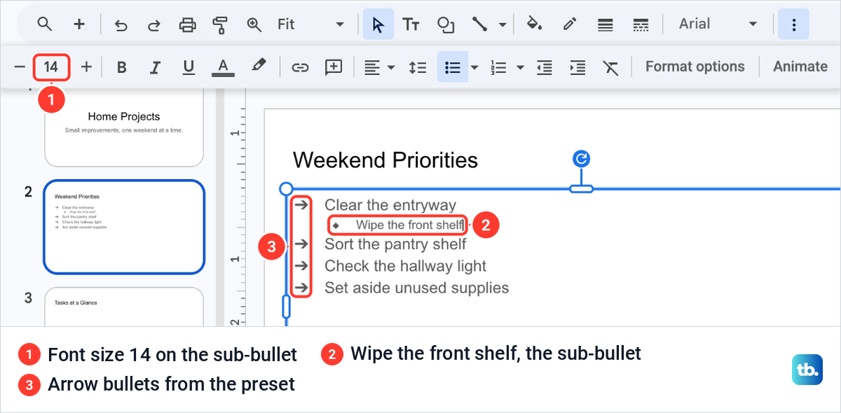 A Google Slides list with arrow bullets and an indented sub-bullet reading Wipe the front shelf in smaller text.