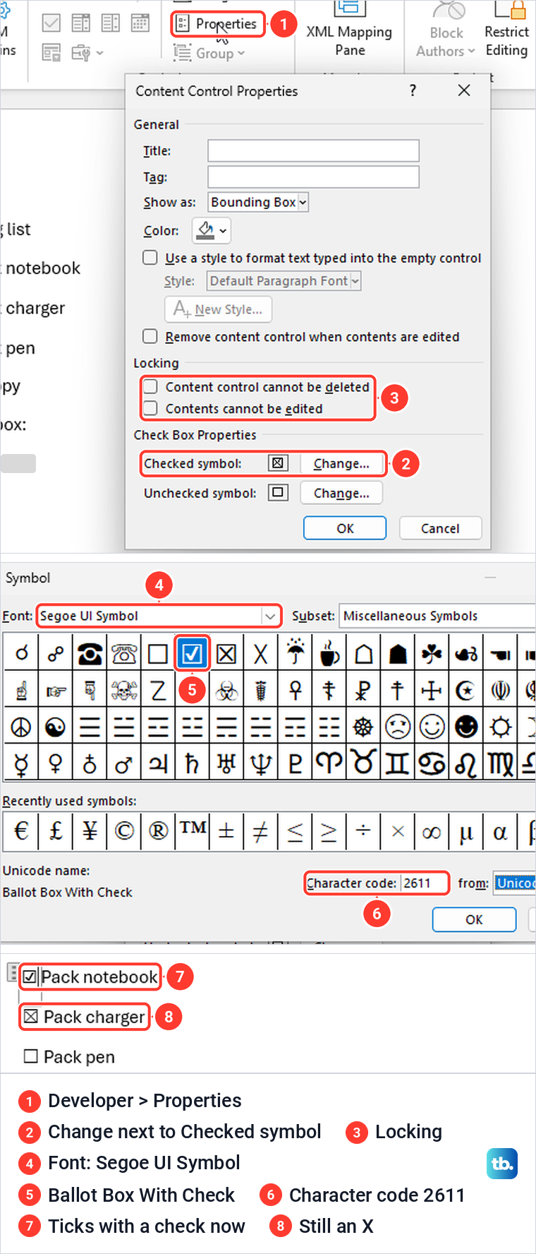 Word Content Control Properties and Symbol dialogs changing a check box from an X to a check mark.