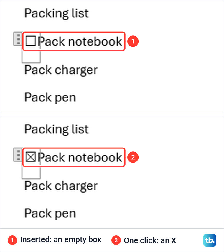 A Word check box content control shown empty after inserting it and then ticked with an X.
