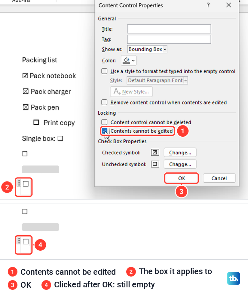 Word Content Control Properties with Contents cannot be edited ticked, then the same check box still empty after a click.