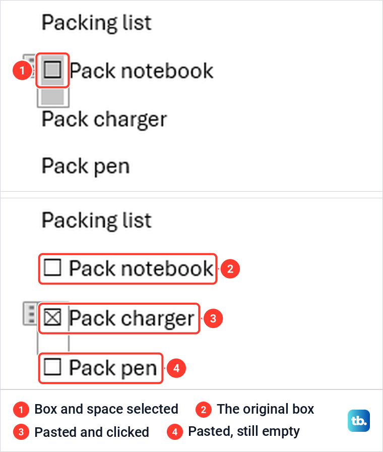 A Word check box and its space selected, then three list items with only the middle box ticked.