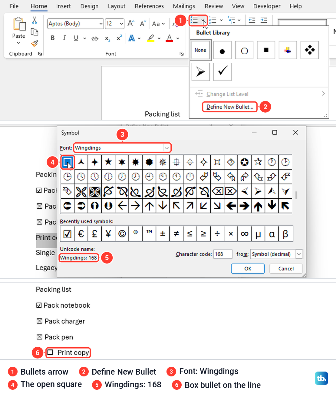 Word Bullets menu, the Wingdings symbol picker with an open square, and a box bullet in the list.