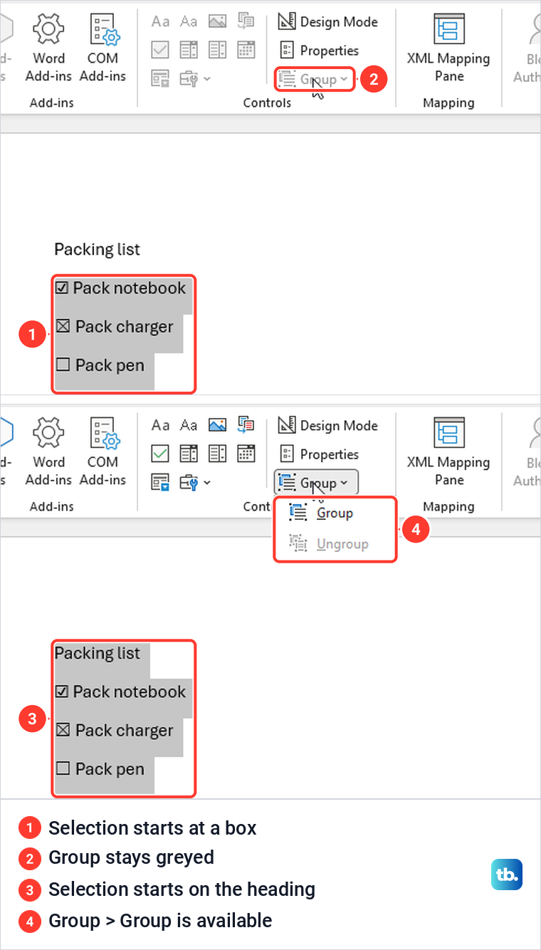 Word Developer Group button greyed for a selection of check boxes, then available from the heading.