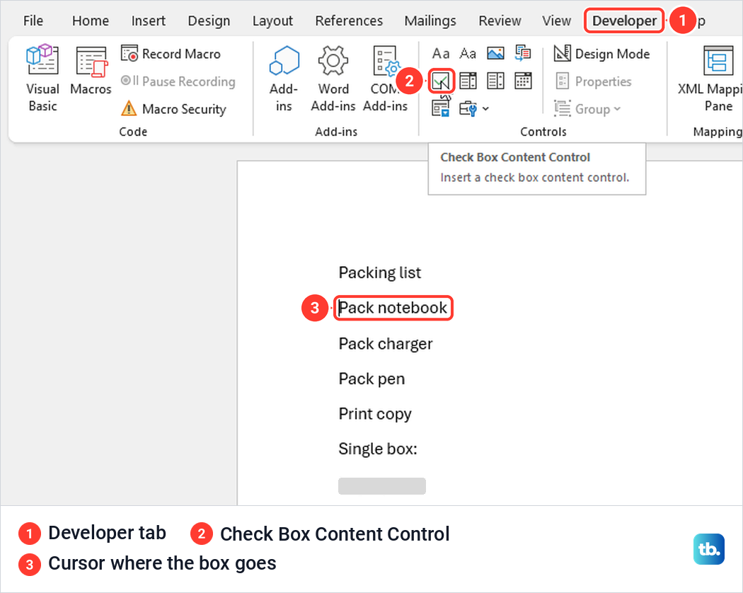 Word Developer tab with the Check Box Content Control tooltip and the cursor at the start of a list item.