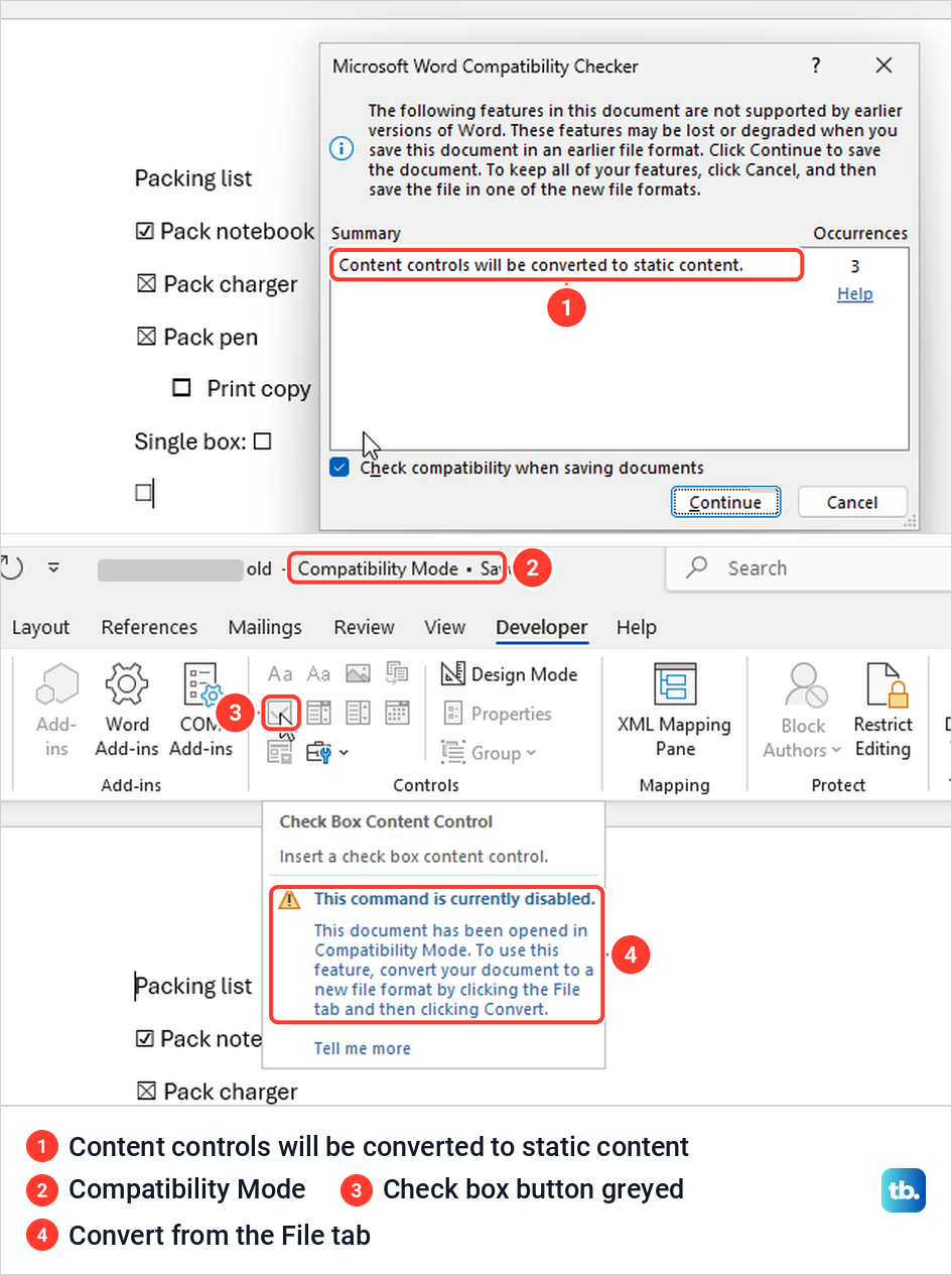 Word Compatibility Checker warning about content controls and the greyed check box button in Compatibility Mode.