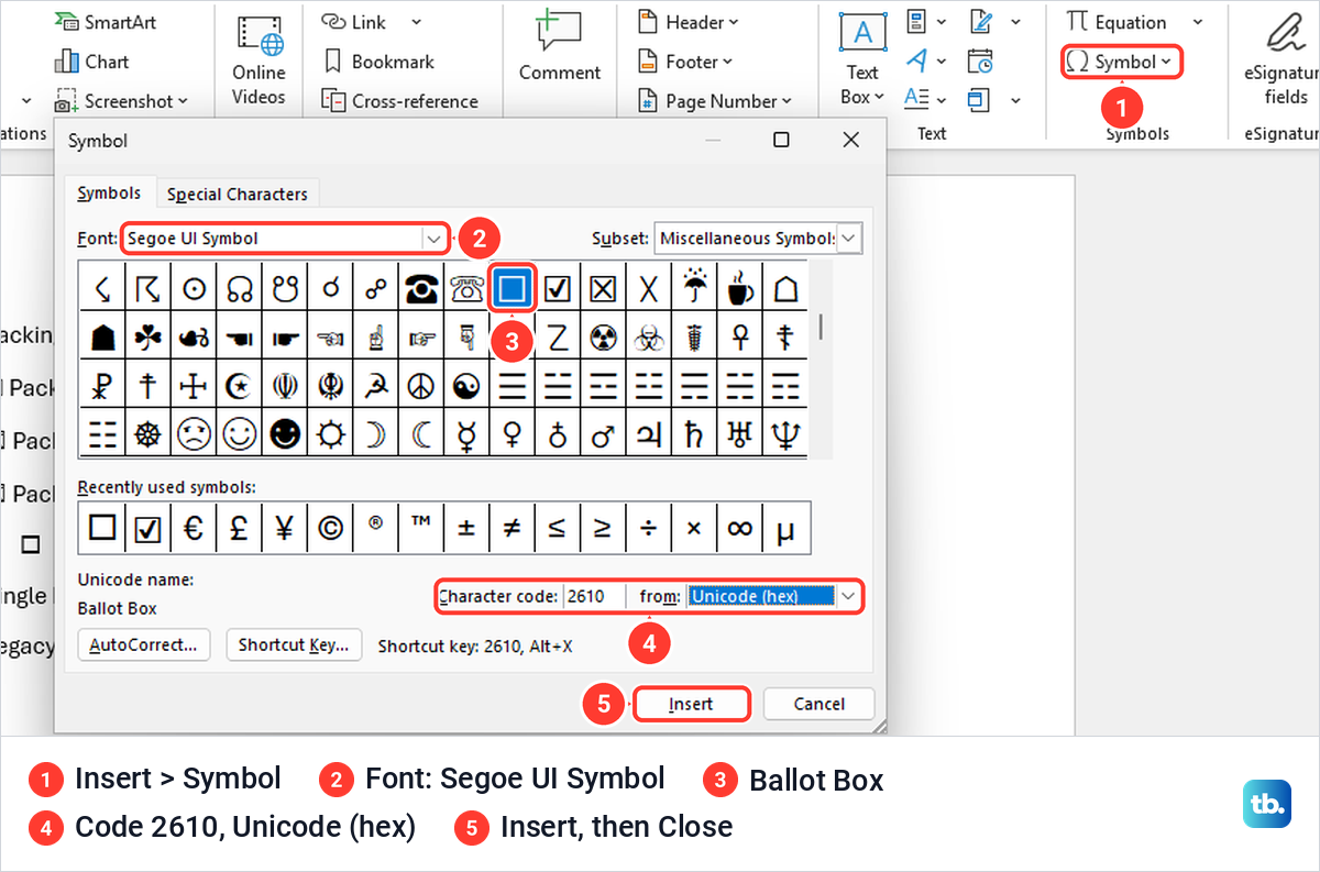 Word Symbol dialog with the Segoe UI Symbol Ballot Box selected at character code 2610.