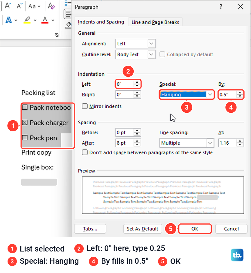 Word Paragraph dialog with Special set to Hanging and By filled in at 0.5 inch for a checklist.