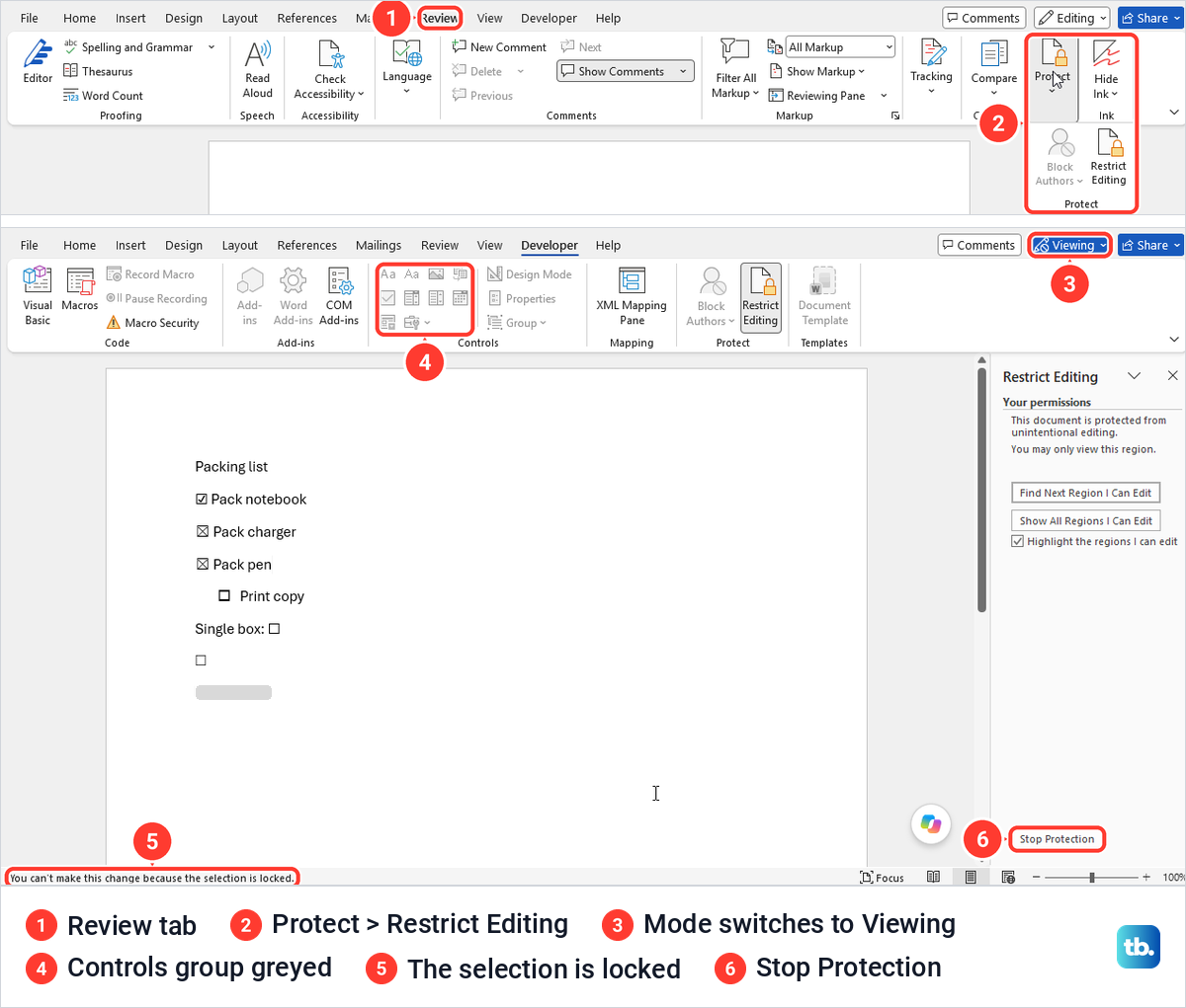 Word Review Protect menu with Restrict Editing, and a protected document in Viewing with the Controls group greyed.
