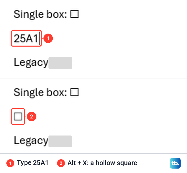 The code 25A1 typed in Word and the hollow square it becomes after Alt plus X.