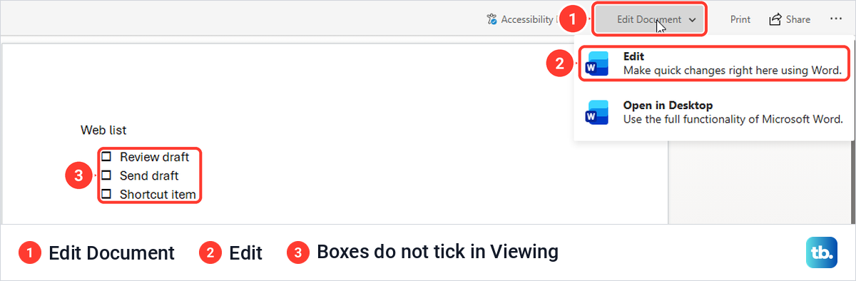 Word for the web in Viewing mode with the Edit Document menu open above a checklist.