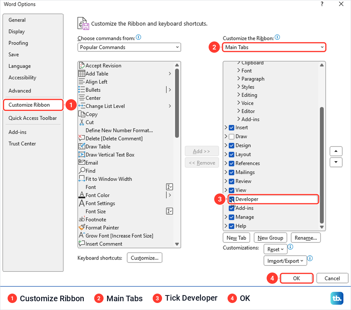 Word Options dialog on Customize Ribbon with the Developer tab ticked under Main Tabs.