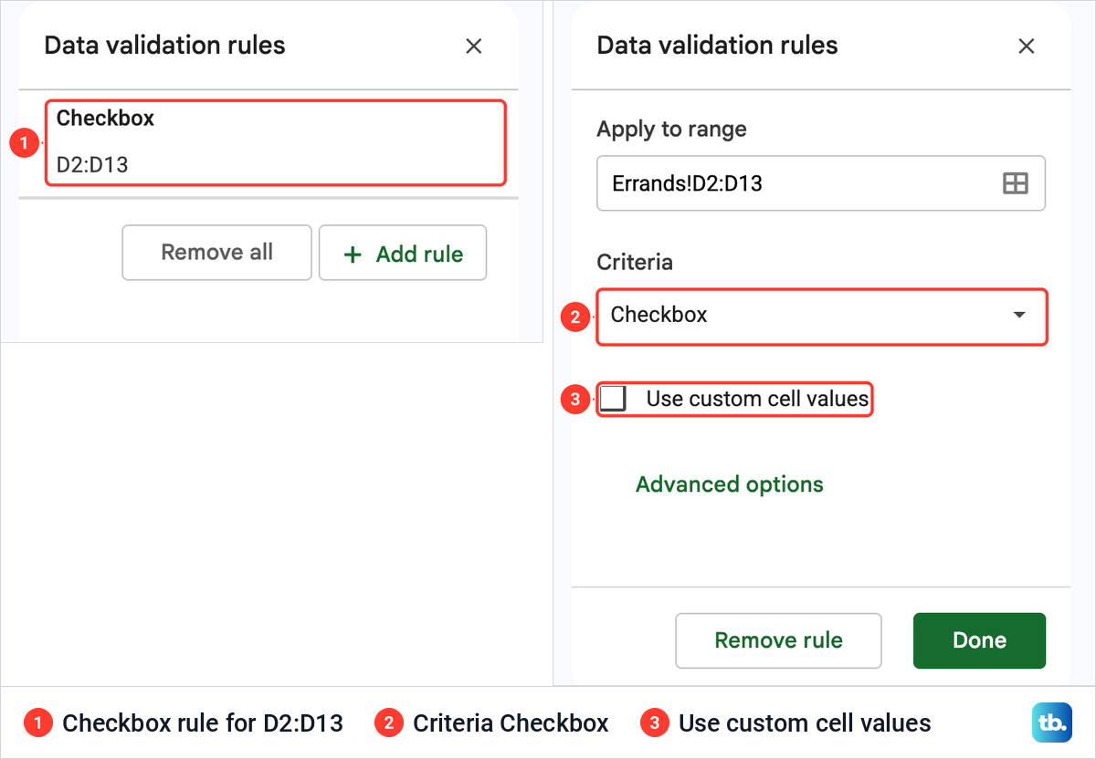 The Google Sheets data validation panel listing a Checkbox rule for D2:D13, then the rule open with Use custom cell values.