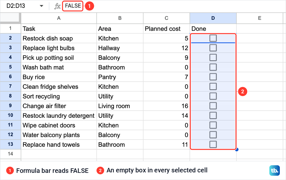 Twelve empty checkboxes in the Done column of a Google Sheets errands list, with FALSE in the formula bar.