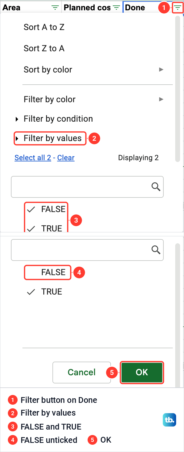 The filter menu of a Google Sheets checkbox column listing FALSE and TRUE under Filter by values, then FALSE unticked above OK.