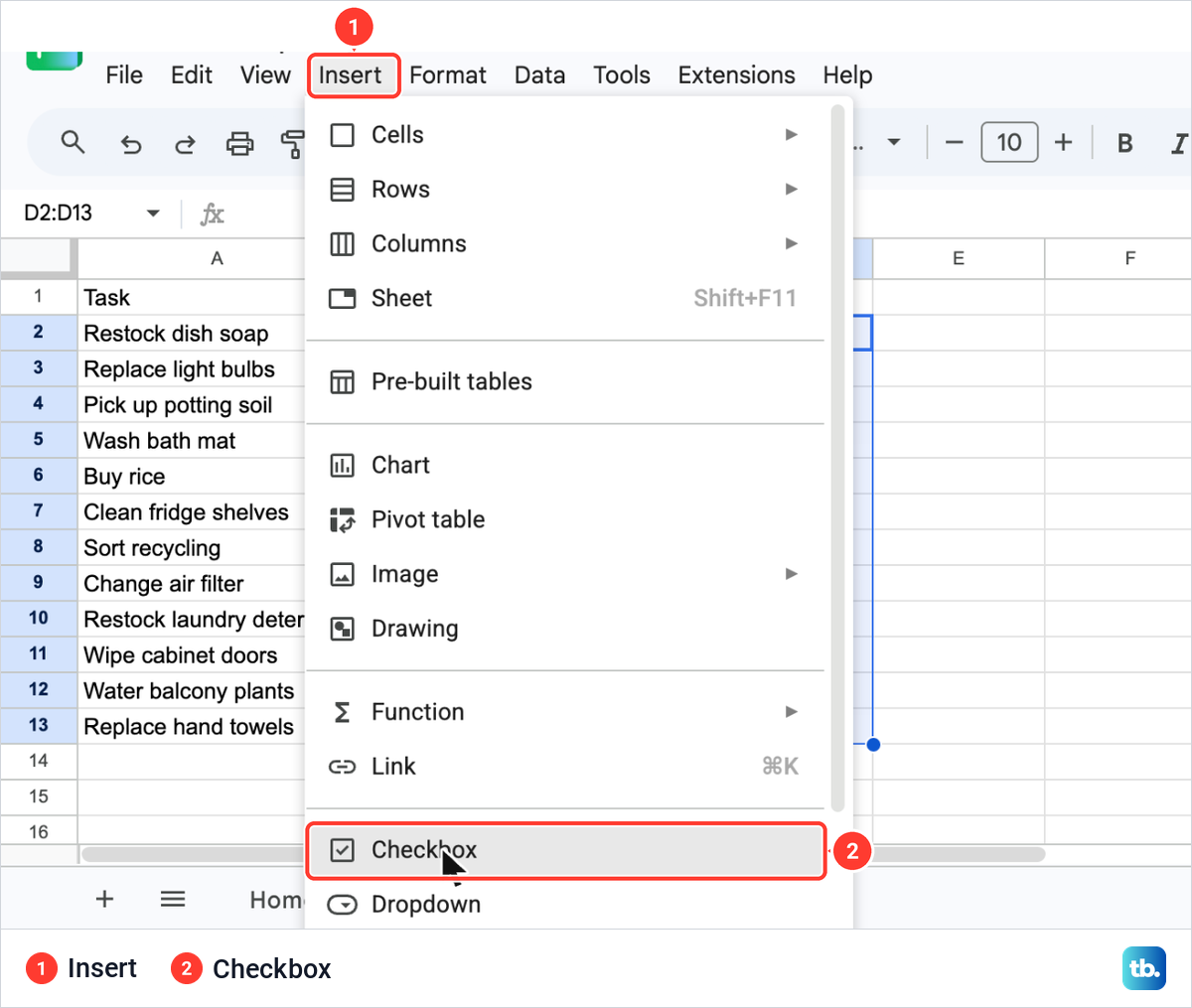 The Google Sheets Insert menu open over the errands list, with Checkbox near the bottom just above Dropdown.