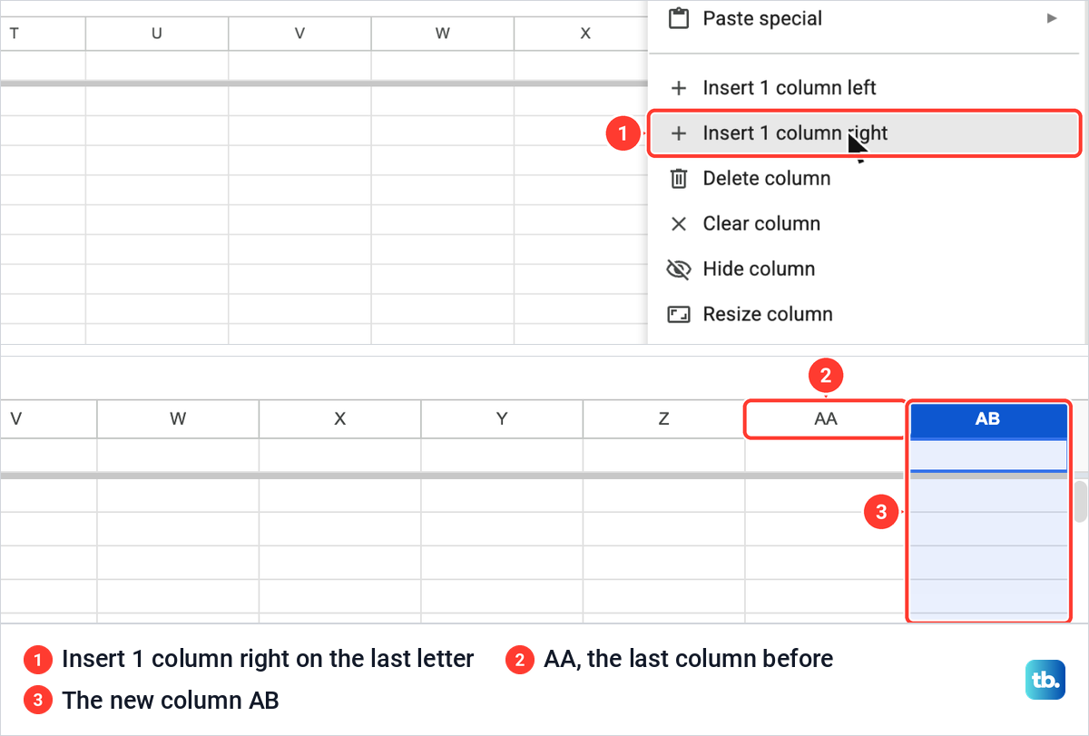 Insert 1 column right chosen on the last column of a Google Sheets grid, then a new column AB after AA.