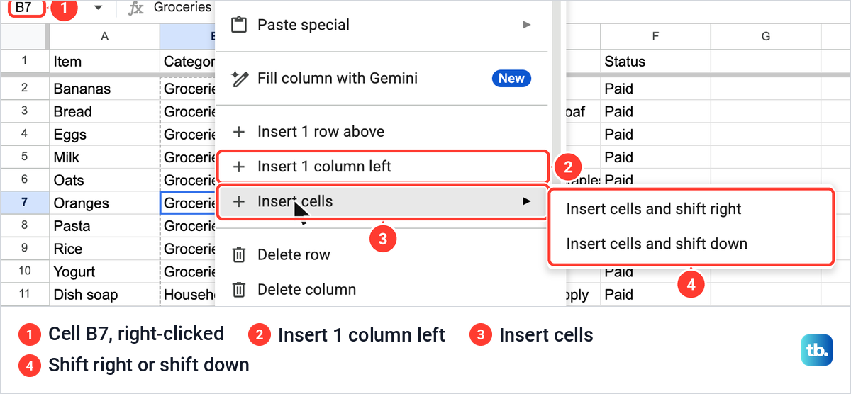 The right-click menu on cell B7 in Google Sheets with Insert 1 column left and the Insert cells submenu open.