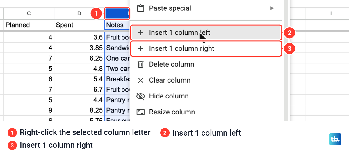 The right-click menu on the selected column E in Google Sheets with Insert 1 column left and Insert 1 column right.