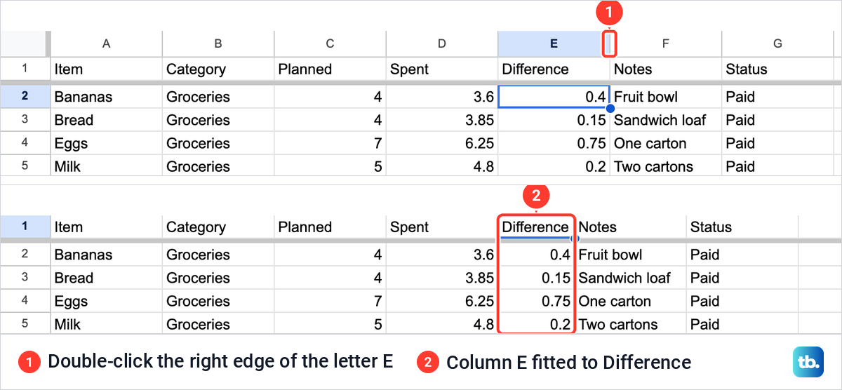 The right edge of the column E letter in Google Sheets, then column E narrowed to fit the heading Difference.