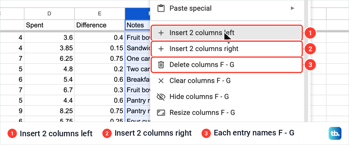 The right-click menu on two selected columns in Google Sheets with Insert 2 columns left and Insert 2 columns right.