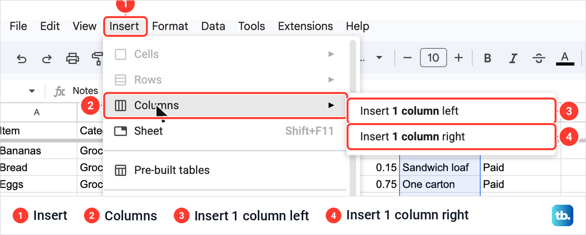 The Google Sheets Insert menu open at Columns with Insert 1 column left and Insert 1 column right, and Cells and Rows greyed out.