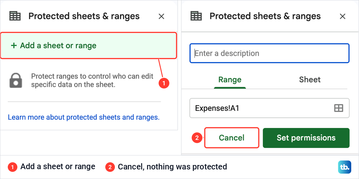The Protected sheets and ranges panel in Google Sheets with Add a sheet or range, then its form with a Cancel button.