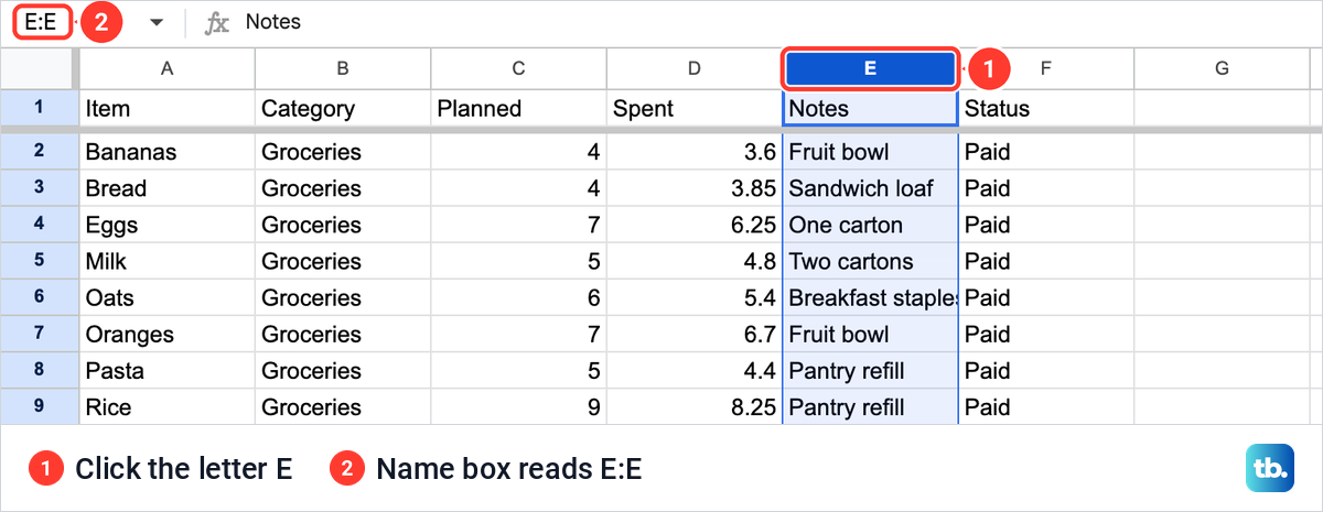 Google Sheets with column E, the Notes column, selected by its letter and the Name box reading E:E.