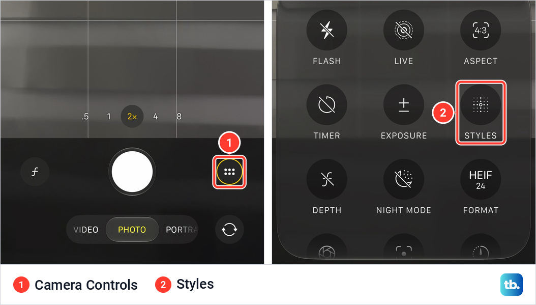 Two views of the Camera app on an iPhone 18 Pro Max in Photo mode, first the six-dot button to the right of the Shutter button, then the menu it opens with tiles for Flash, Live, Aspect, Timer, Exposure, Styles, Depth, Night Mode and Format