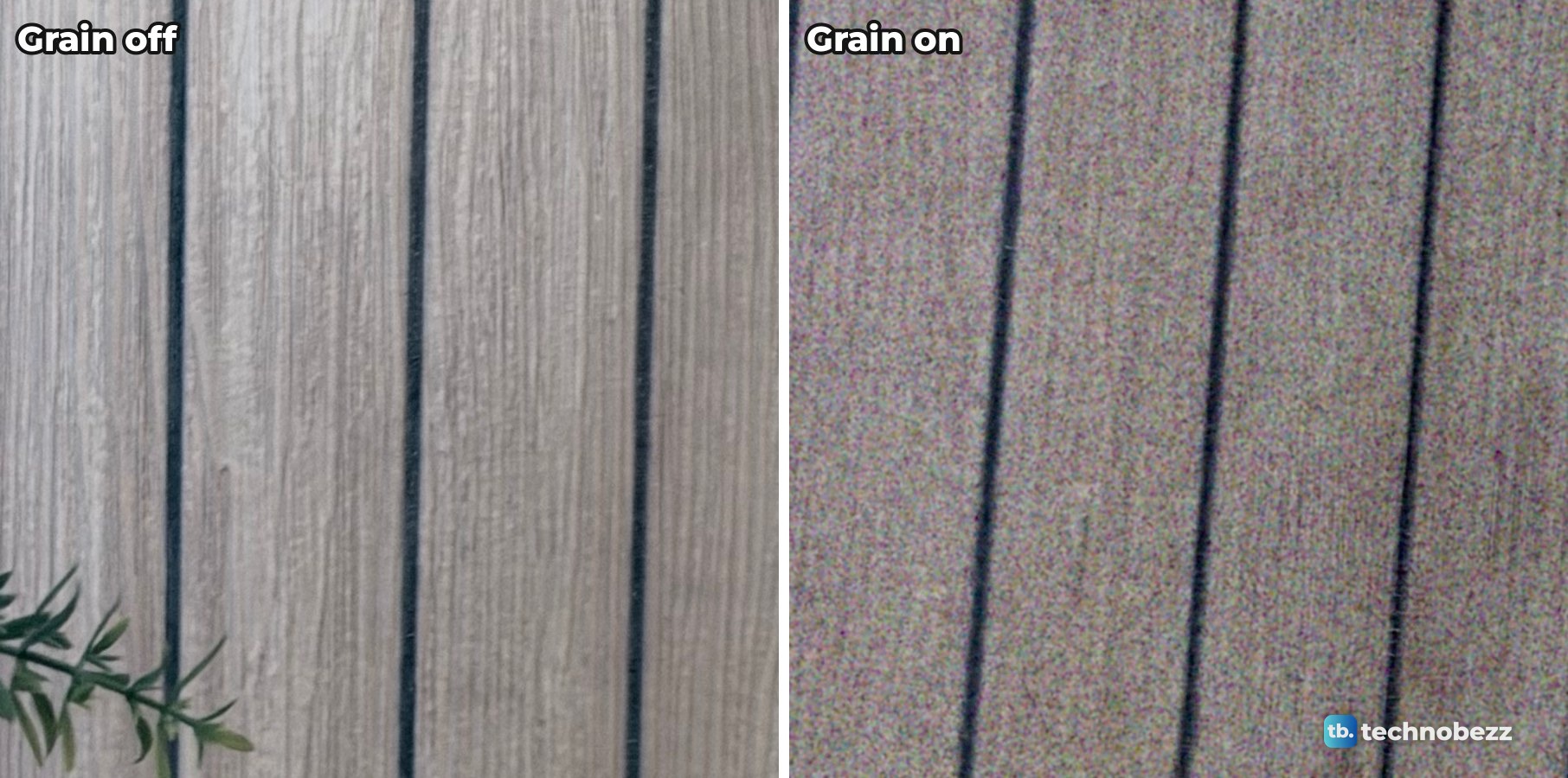 Two full-size crops of a gray slatted wood wall, the left one smooth with visible wood grain, the right one covered in fine colored speckle