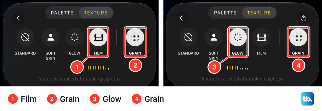 Two views of the Texture tab on an iPhone 18 Pro Max, first with Film and Grain both selected, then with Glow and Grain both selected