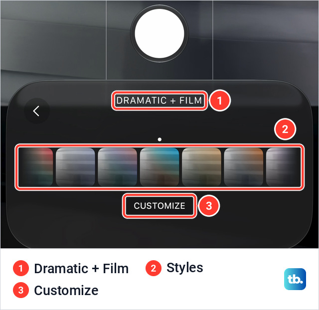 Styles panel in the Camera app on an iPhone 18 Pro Max reading DRAMATIC + FILM above a row of style tiles, with a CUSTOMIZE button below the row and the Shutter button above the panel