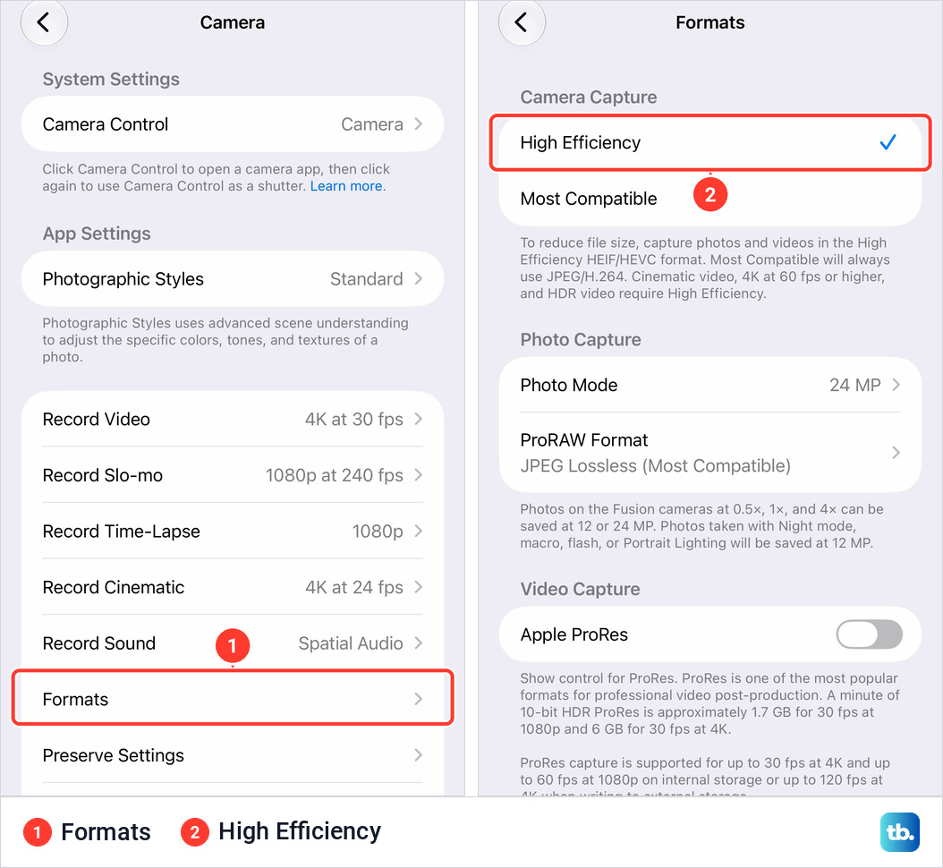 Two iPhone Settings pages side by side, the Camera page with the Formats row marked, and the Formats page with a check mark next to High Efficiency above Most Compatible