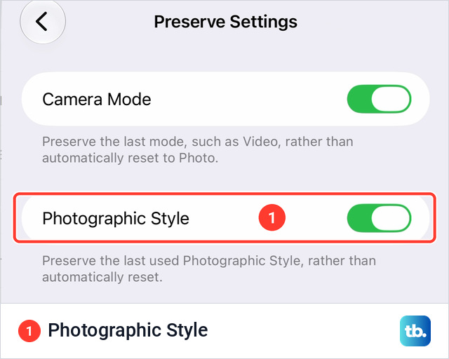 Preserve Settings page in iPhone Settings with the Camera Mode switch and the Photographic Style switch both turned on