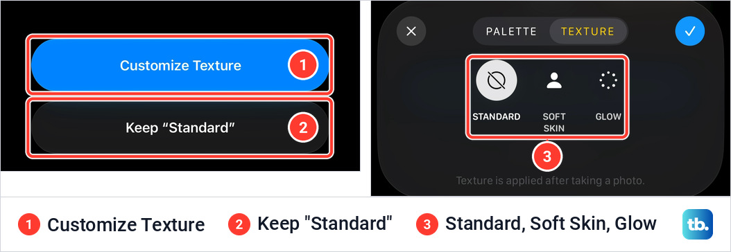Two parts of the Photographic Styles page in iPhone Settings, first a blue Customize Texture button above a Keep Standard button, then a Texture tab offering only Standard, Soft Skin and Glow