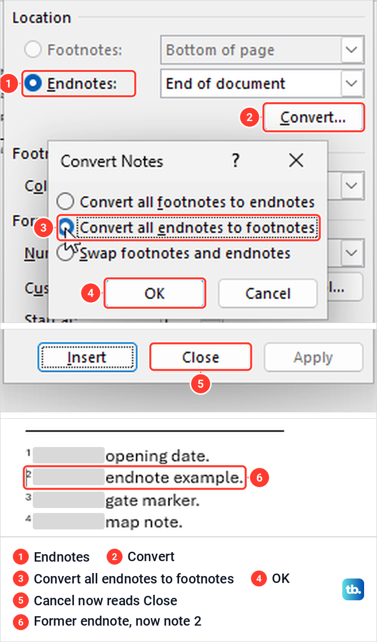Word Convert Notes dialog with Convert all endnotes to footnotes chosen, and the renumbered notes.