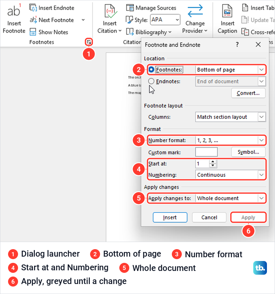Word Footnote and Endnote dialog box with the location, format and numbering settings of a new document.