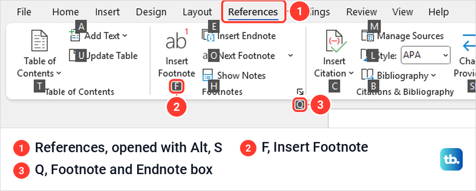Word References tab showing KeyTip letters after pressing Alt and S on the keyboard.